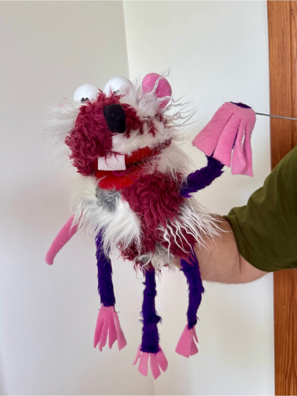 Handmade Fabric Puppet – Pink & Purple Mouse with Big Teeth
